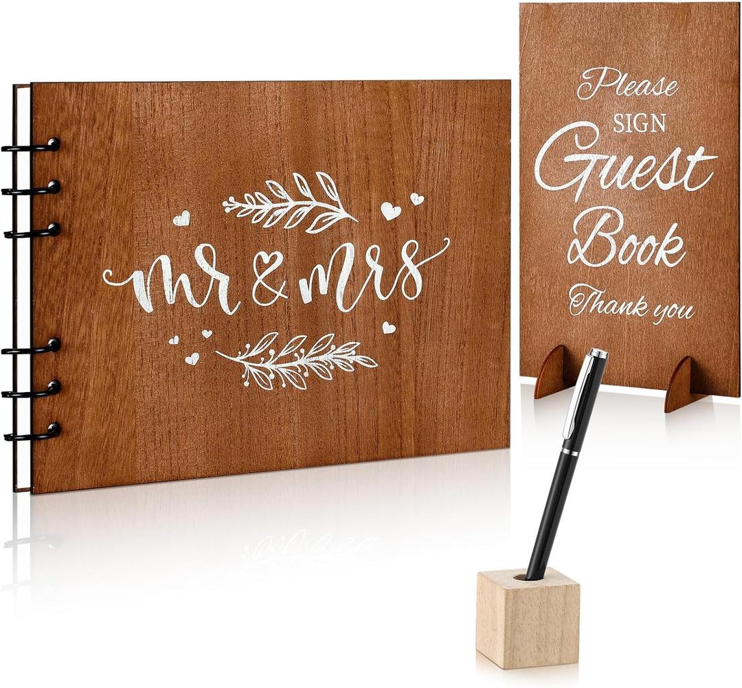 Wooden Wedding Guest Book with Pen and Holder Table Reception Sign Wooden Guestbook Registry Album 50 Pages for Decorative for Wedding Anniversary Birthday Engagement Supplies(Fresh)