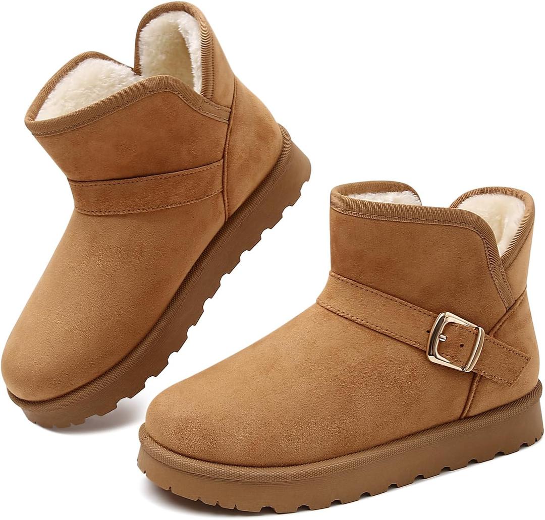 Winter Mini Boots for Women: Faux Fur Lining Ankle Snow Booties With Fluffy Trim and Buckle Decor Warm Slip On Comfort Shoes (8, Chestnut-flat)