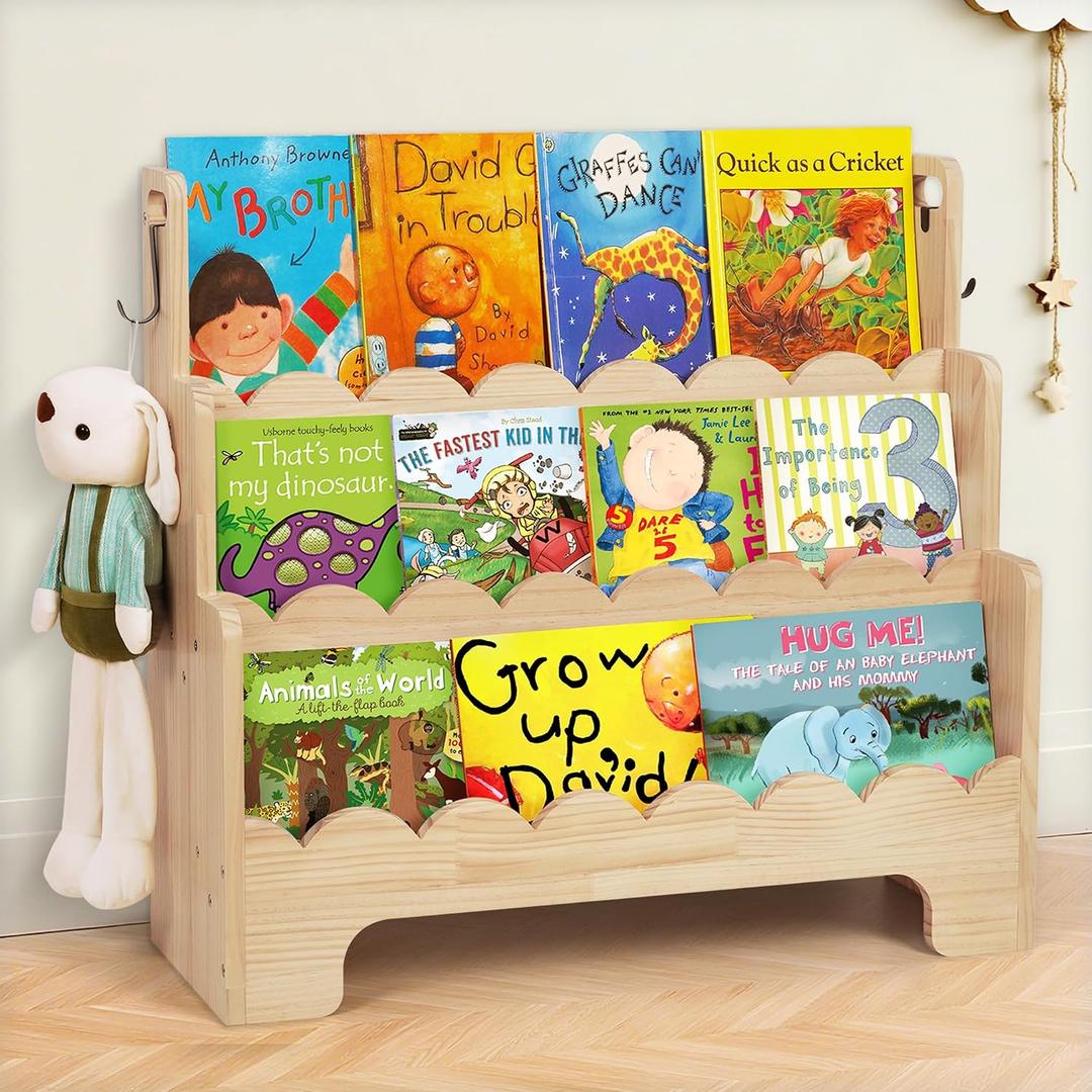 Tohiasen Kids Bookshelf Wooden 3-Tier, Scalloped Book Shelf for Kids Rooms, Front Facing Toddler Montessori Bookshelf, Baby Nursery Book Shelves Kid Classroom Book Shelf Bookcase