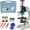 Metal Microscope for Kids - 100X 400X 1200X Beginner Microscopes kit with Led Light, Include 12PCS Sameple Prepared Slides, Science Educational Gift and Toy for Boy&Girl Birthday Halloween Christmas (Blue)