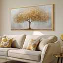 Large Framed Tree of Life Gold Wall Art, Large Canvas Prints Paintings Artwork for Walls, Modern Luxury Golden Big Tree Pictures for Living Room Fireplace Bedroom Kitchen Dining Room Office Wall Decor