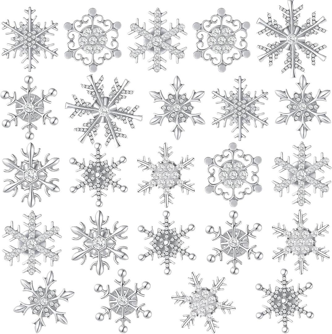 Tondiamo 24 Pieces Christmas Snowflake Brooches Pins Winter Holiday Rhinestone Snowflake Brooch Pins Crystal Sliver Brooches Bulk Set for Women Men DIY Family Christmas New Year Holiday Party Gifts