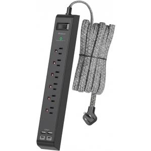 Surge Protector Power Strip 10FT, 10-in-1 with 6 AC Outlets 4 USB Ports(2 USB-C), Ultra Flat Plug Braided Extension Cord, Wall Mountable, 1080J Surge Protection, ETL Listed, Black