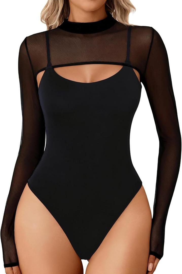 Avidlove Womens Long Sleeve Bodysuits Mock Turtle Neck Shapewear Bodysuit Sexy Mesh Bodysuit Two Piece Outfit Cami Tops (Large, Black)