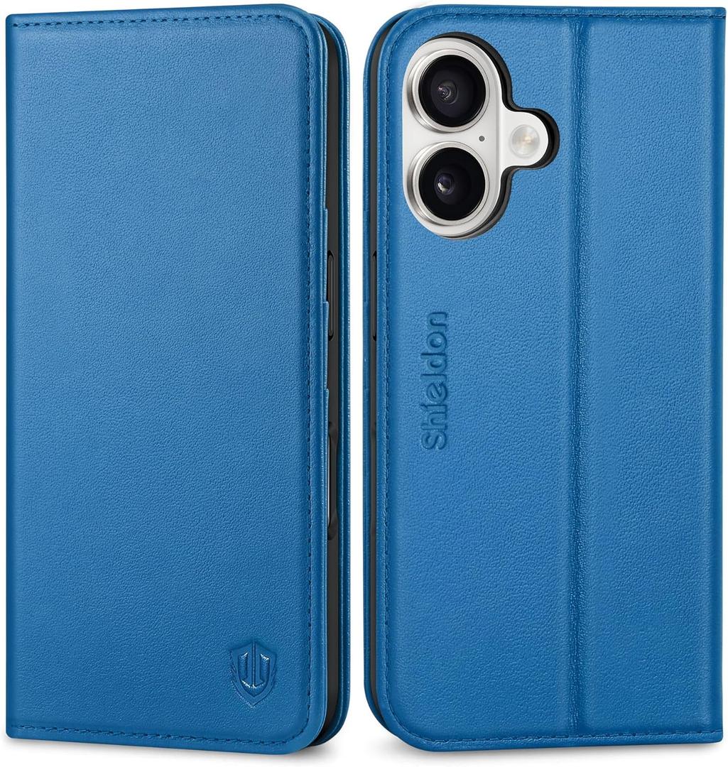 SHIELDON Wallet Case for iPhone 16 2024, Genuine Leather Folio Case with Kickstand, RFID Blocking Card Slots, Magnetic Shockproof Cover, Compatible with iPhone 16 5G 6.1" - Sapphire Blue