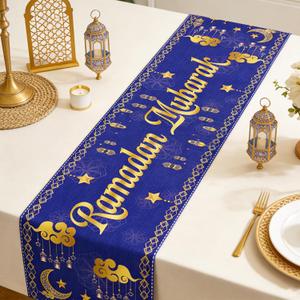 Ramadan Mubarak Table Runner, 13x72 Inch Blue Gold Eid Mubarak Table Runner for Home Party Decoration, Crescent Moon Star Eid Family Party Dining Room Table Decorations