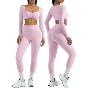 OMKAGI 2 Piece Workout Sets for Women Long Sleeve Padded Sports Bra High Waisted Gym Outfits with Pocket (Small, 441-Pink)