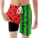 Boys Board Shorts Red Fruit Swim Suits Youth 2 in 1 Green Watermelon Stretch Shorts 18T Hawaiian Swim Trunks Teen Swimming Wear