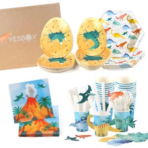 YESBOX Dinosaur Birthday Decorations Set with Dinosaur Paper Plates, Napkins, Cups, Cup Sleeves,Straw Toppers and PLA Cutlery for 20 Guests -Total 201pieces, Unique Gift for Kids