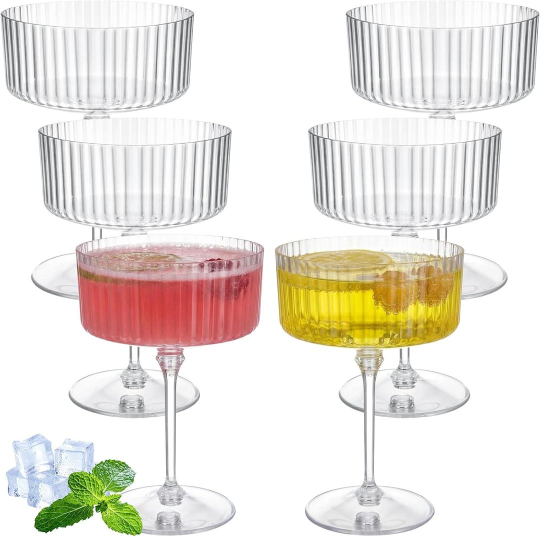 6 Pcs Ribbed Martini Glasses 10 oz Disposable Plastic Vintage Ribbed Coupe Glasses Unbreakable Dessert Parfait Glassware for Wedding Birthday Party Supplies (Clear)