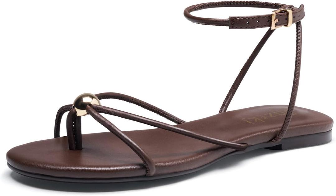Strappy Flat Sandals for Women Comfortable Open Toe Ankle Strap Thong Sandals Summer Beach Dressy Shoes, Size 7.5