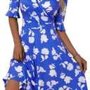 VETIOR Midi Wrap V Neck A line 1/2 Short Flare Sleeve Dress with Pocket for Women Pear & Apple Shape Friendly, M 