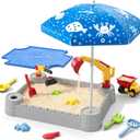 HYES Sandbox with Lid, Digger Excavator Plastic Sand Box with Cover, Play Sand Pit with Construction Toys/Umbrella/Beach Playset for Toddlers 1-3, Indoor Outdoor Sensory Gift for Kids Ages 4-8