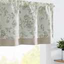 jinchan Linen Floral Valance Double Layer Kitchen Window Curtain Green Flower on Beige Valance for Living Room Cafe Farmhouse Light Filtering Rustic French Country Sage 16 Inch Rod Pocket 1 Panel
