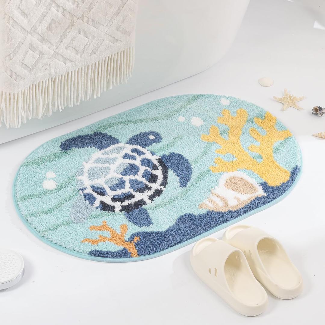 Modern Ocean Bath Rug Super Absorbent Non Slip Cute Bathroom Mat Machine Washable Fluffy Carpet for Tub, Shower and Bedroom (Sea Turtle, 31"x20")
