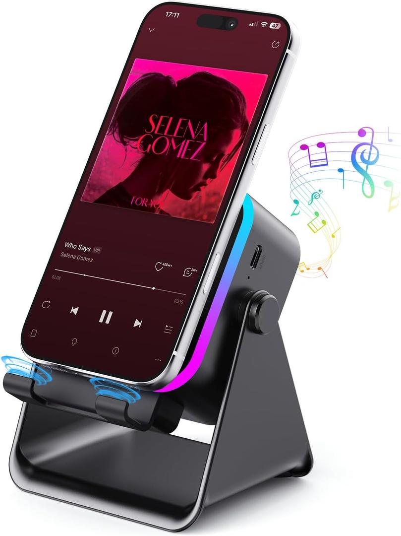 Wireless Bluetooth Induction Speaker, Phone Speaker Amplifier with Colorful Lights & 3500mAh Battery, Portable Phone Stand Compatible with iPhone/iPad/Android/Samsung - Black