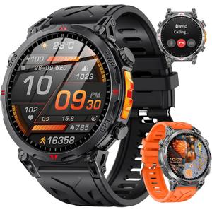 Military Smart Watches for Men GPS, 1.56" AMOLED Screen Bluetooth Call, Smartwatch for Android Phones and iPhone, 100+ Sport Modes, 3ATM Waterproof Smart Watch with Compass (Black & Orange)
