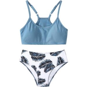 Girl Swimsuit Bikini Set Two Piece Bathing Suits Tropical Floral Beach Swimwear (7-8 Years, Gray Blue)