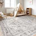 7x9 Area Rug Living Room: Washable Boho Large Neutral Vintage Soft Rugs Stain Resistant Farmhouse Non Slip Indoor Floor Carpet for Bedroom Nursery Kids Playroom Office Dining Room- Ivory Gray