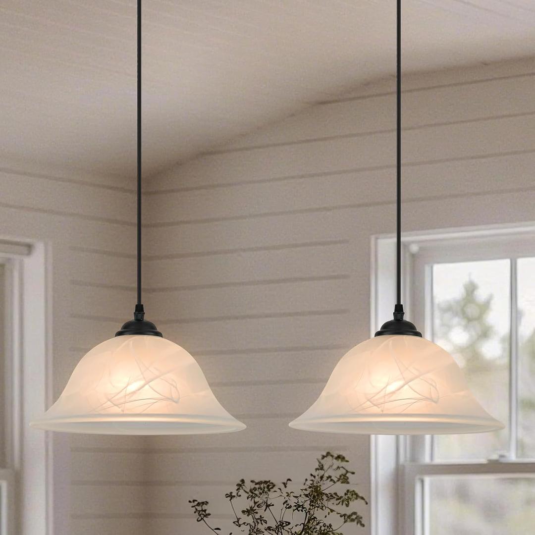 Black Pendant Lights Kitchen Island 2 Pack, 11.8 Inch White Glass Pendant Light with Frosted, Alabaster Island Pendant Lights, Vintage Farmhouse Pendant Lights for Dining Room, Bar, Cafe