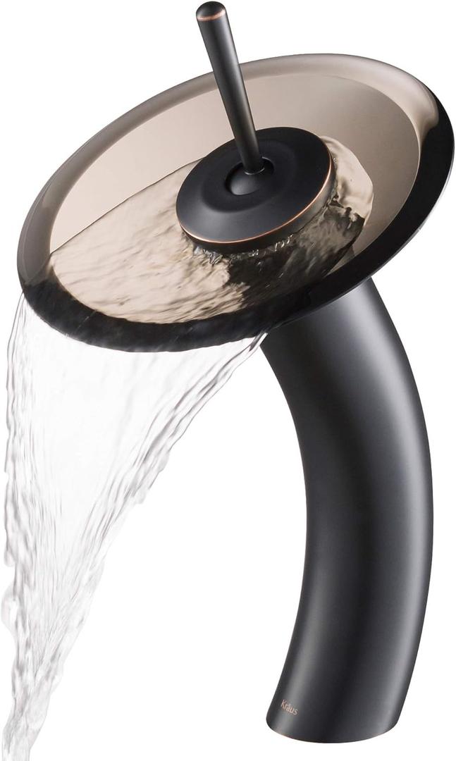 KRAUS Tall Waterfall Bathroom Faucet for Vessel Sink with Clear Brown Glass Disk, Oil Rubbed Bronze KGW-1700ORB-BRCL