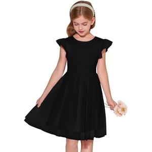 Haloumoning Girls Tutu Dress Ruffle Short Sleeve Fluffy Summer Party Tulle Dress for Kids 150 (Black) 10-12 Years