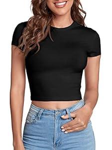 Verdusa Women's Casual Basic Cap Sleeve Slim Fitted Round Neck Crop Tee Top Black L