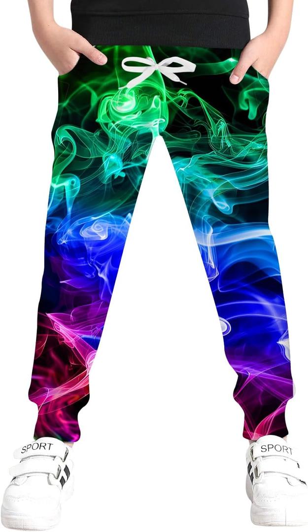 UNICOMIDEA 6-16T Boys Pants Girls Funny Joggers Sports Sweatpants with Drawstring (10-12 Years, 01 Black Green 02)