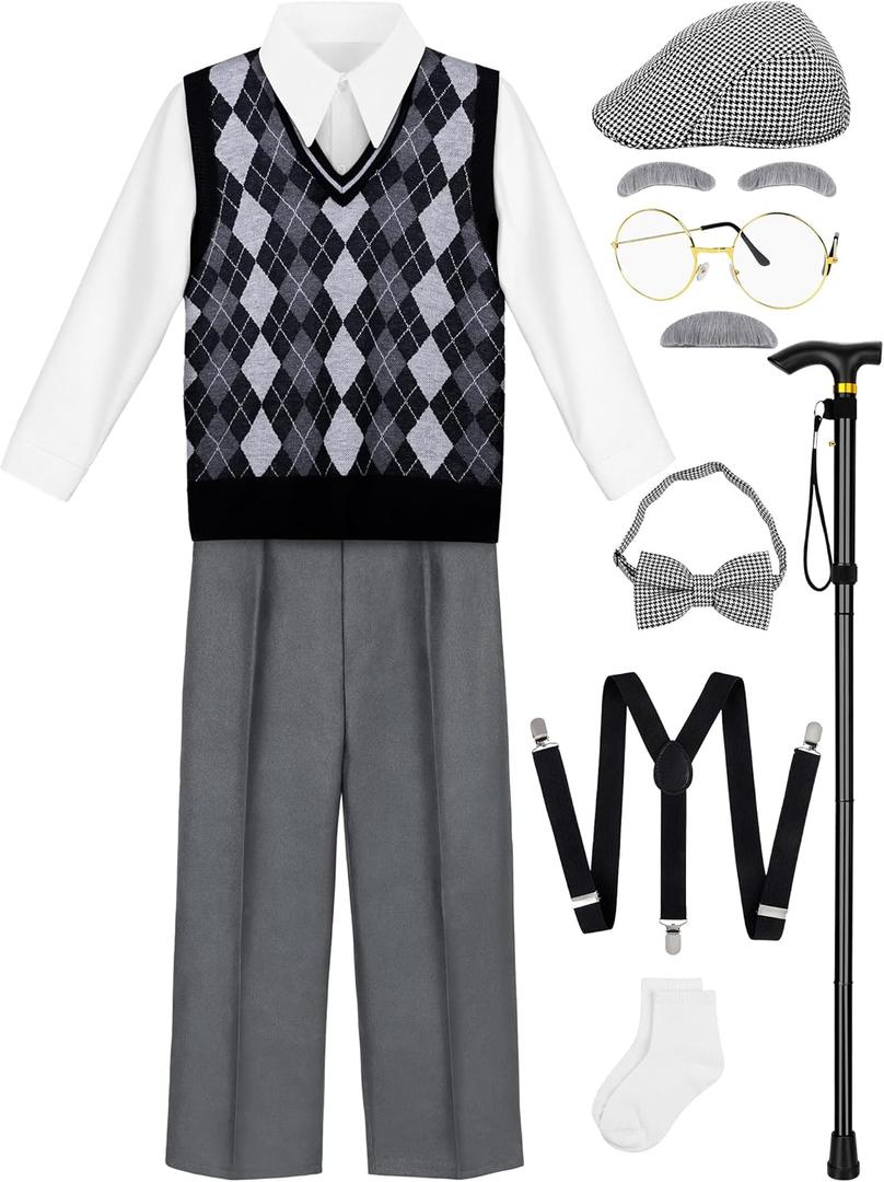 100 Days of School Costume for Boys Old Man Costume for Kids 100th Day of School Grandpa Dress up Outfit Accessories (8-10Years, Gray With Navy Blue, Light Gray)