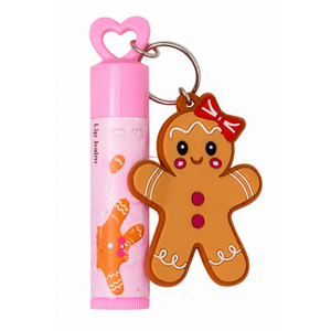 4pcs 2-in-1 lip balm keychain featuring a moisturizing lip balm and a cute gingerbread charm