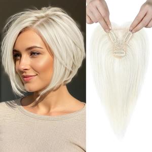 REECHO 10" Real Human Hair Topper for Women with Thinning Hair, Clip-in Crown Hairpiece for Instant Volume and Gray Root Coverage Real Hair Toppers Wiglett, Standard Base, Light Blonde