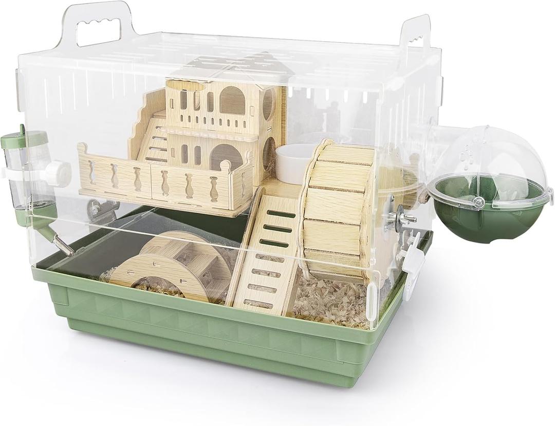Cycodo 8 in 1 Acrylic Hamster Cage,2-Tier Dwarf Hamster Cage with Wooden Wheel & Hideout, Small Hamster Habitat with Accessories, Clear Pet Mice House (Green,14" L*10" W*11" H)