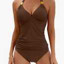 B2prity Halter Tankini Swimsuit for Women Tummy Control Two Piece Bathing Suit V Neck Swimwear with Shorts, M