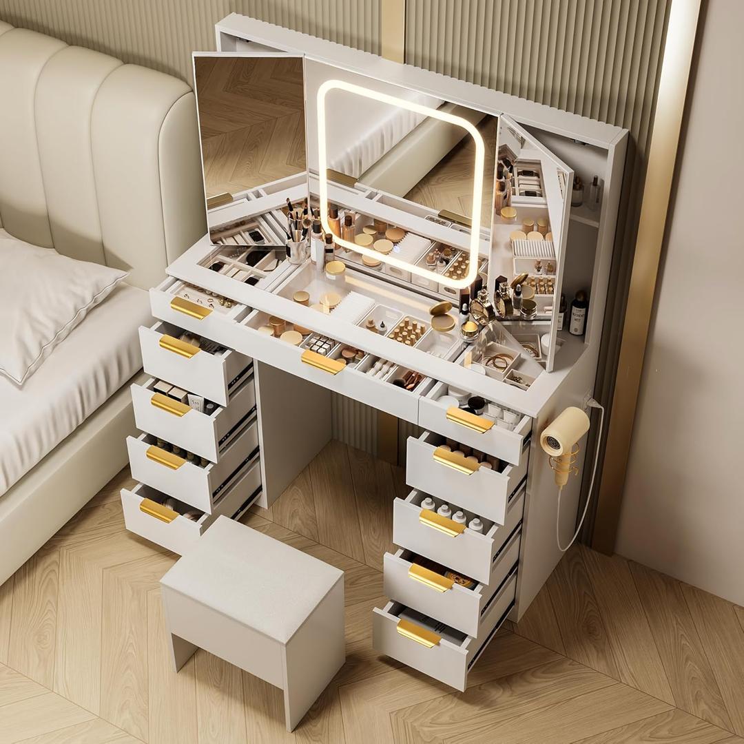 Pamapic 11 Drawers Vanity Desk with Foldable Mirror, Glass Top Makeup Vanity with LED Lights, 3 Lighting Modes, Golden Handles Dressing Table with Chair and Power Outlet (White)