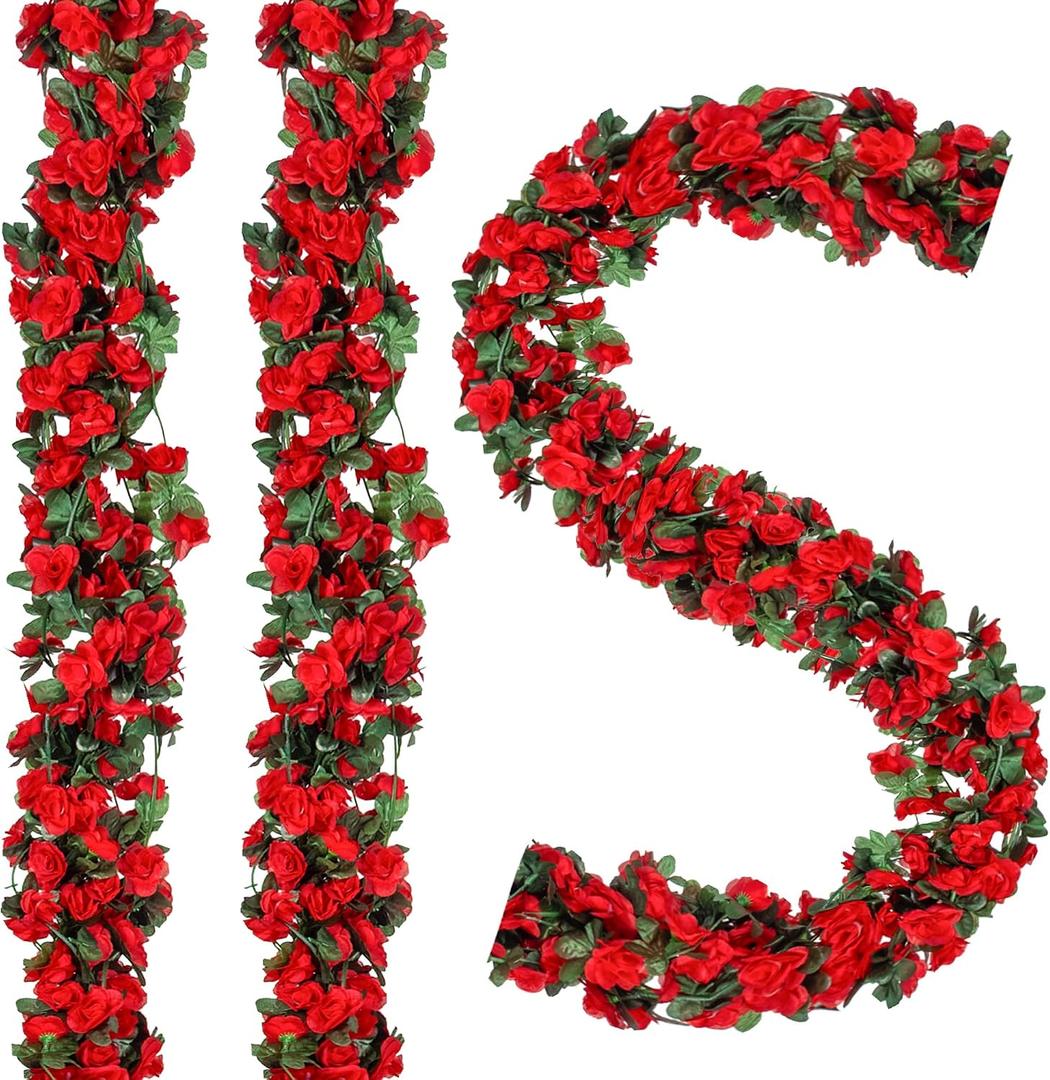 BSMYBO 5Pcs 41FT Artificial Red Flower Garland, Fake Hanging Flower Vines Wine Red Rose with Green Leaves, Faux Silk Flower for Backdrop Decoration Tea Party Wedding Birthday Anniversary Bedroom