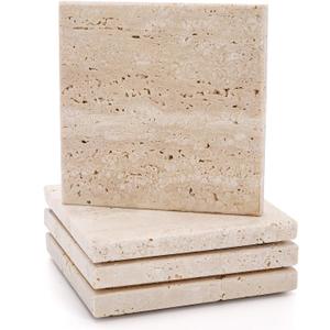 4 Pack Travertine Coaster, 4" Absorbent Marble Coaster with Cork Pad, Stone Bar Drink Coasters, Limestone Coffee Cup Coasters for Kitchen Tabletop Office Home Decor Housewarming Gift, Beige
