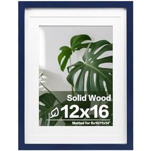 12x16 Picture Frame Made of Solid Wood, Display Covered by Plexiglass, Display Pictures 9x12/11x14 with Mat or 12x16 Without Mat for Wall Mounting, Navy Blue