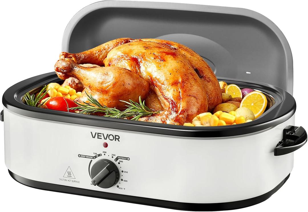 VEVOR Roaster Oven, 18QT Electric Roaster Oven, 150-450 Adjustable Temperature Electric Roasting Pan, Multifunctional Electric Roasters with Self-Basting Lid, Removable Pan and Rack for Holiday (White)