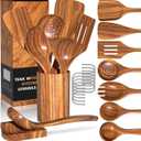 Natural Teak Kitchen Cooking Utensil Set with Holder, Wooden Spoons for Cooking, 10PCS Cooking Spatulas Set with Spoon Rest, Wooden Utensil Set for Nonstick Cookware Sturdy & Lightweight