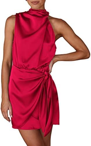 PRETTYGARDEN Women's Short Formal Satin Dress Summer Sleeveless Mock Neck Tie Waist Cocktail Party Dresses XL
