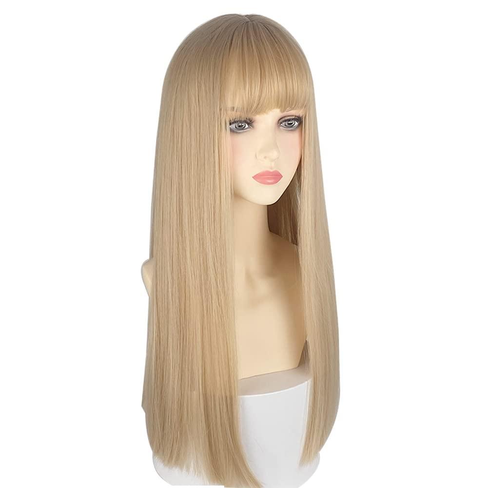 22 Inches Long Straight Hair for Women Blonde Synthetic Hair Natural Golden Wig With Bangs Party Cosplay Wig (White Gold)