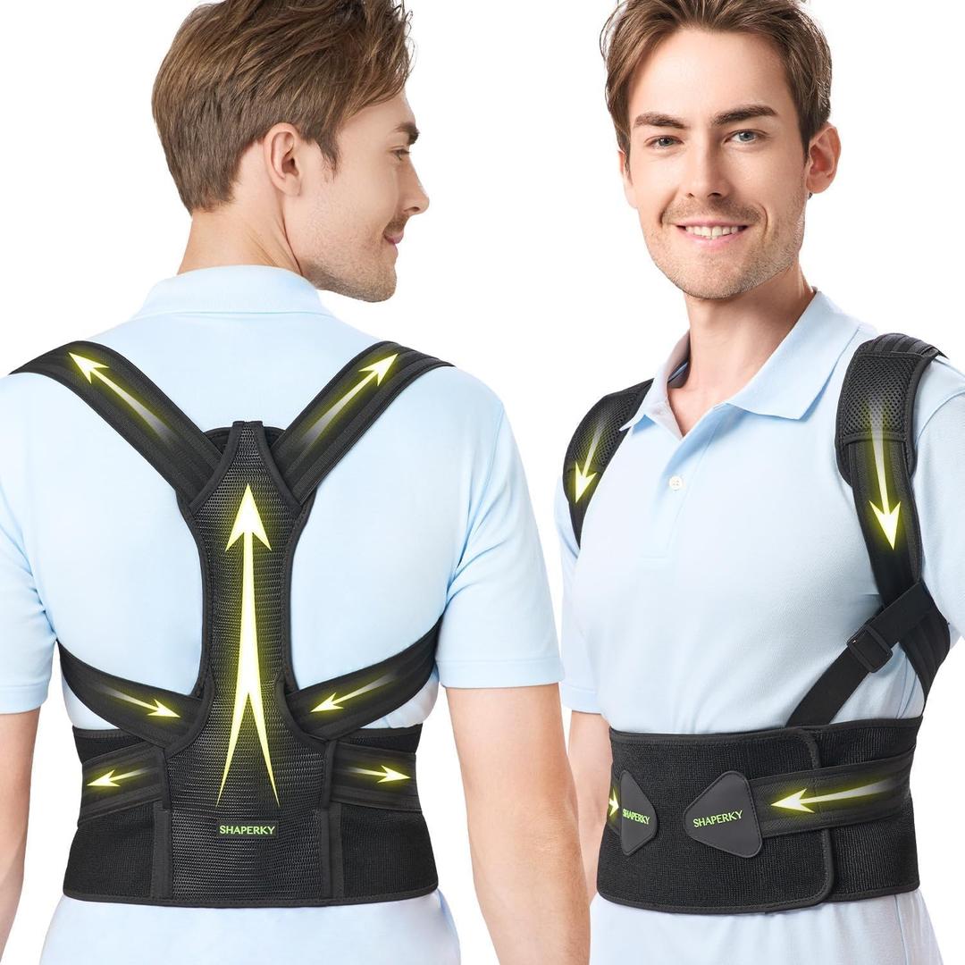 SHAPERKY Posture Corrector for Women and Men - Adjustable Upper Back Brace - Breathable Back Support straightener - Providing Pain Relief from Lumbar&Shoulder (Black L-XL) (Black, XL)