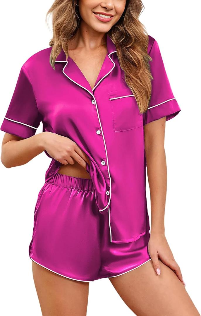 Ekouaer Womens Silk Satin Pajamas Set Short Sleeve Sleepwear Button Down Loungewear 2 Piece Pjs Shorts Set (Hot Pink, 3X-Large)