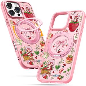 Uppuppy for iPhone 16pro max Case - Compatible with MagSafe for Women Girls Bulit-in 360 Rotatable Magnetic Ring Holder Kickstand Cute Aesthetic Pink Strawberry Design for Apple 16pro max