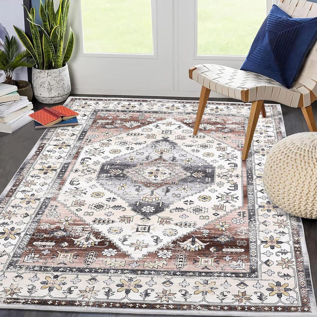 COZYLOOM Washable Rug 9x12 Area Rugs for Living Room Vintage Rug Non-Slip Boho Soft Bedroom Rugs Low Pile Non-Shedding Floor Cover Faux Wool Large Farmhouse Rug for Dining Room Playroom Office Brown (9x12 Feet)