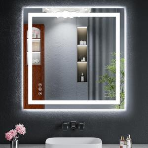30"x30" LED Bathroom Mirror with Lights, Backlit + Front Lit with CRI>90, Lighted Mirror for Bathroom, Anti-Fog, Dimmable Brightness, 3 Colors, Memory Function, Shatterproof Tempered Glass