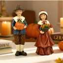 2 PCS Thanksgiving Pilgrim Collectible Pumpkin Figurines - Resin Couple Decorations for Fall Harvest Home, Indoor Thanksgiving Gifts, Perfect for Fall Decor, Tabletop or Outdoor Display (4.57"H)