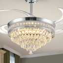 Chandelier Ceiling Fan with Lights and Remote,48 Inch Modern Flush Mount for Bedroom Indoor, Dimmable LED,Bluetooth Connection,Energy Efficient Quiet Retractable Blades (White)