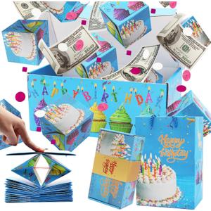 Surprise Gift Box Explosion for Money, Unique Folding Bouncing Red Envelope Gift Box with Confetti, Cash Explosion Luxury for Birthday Anniversary Valentine Proposal (15 Bounces) (Blue Birthday)