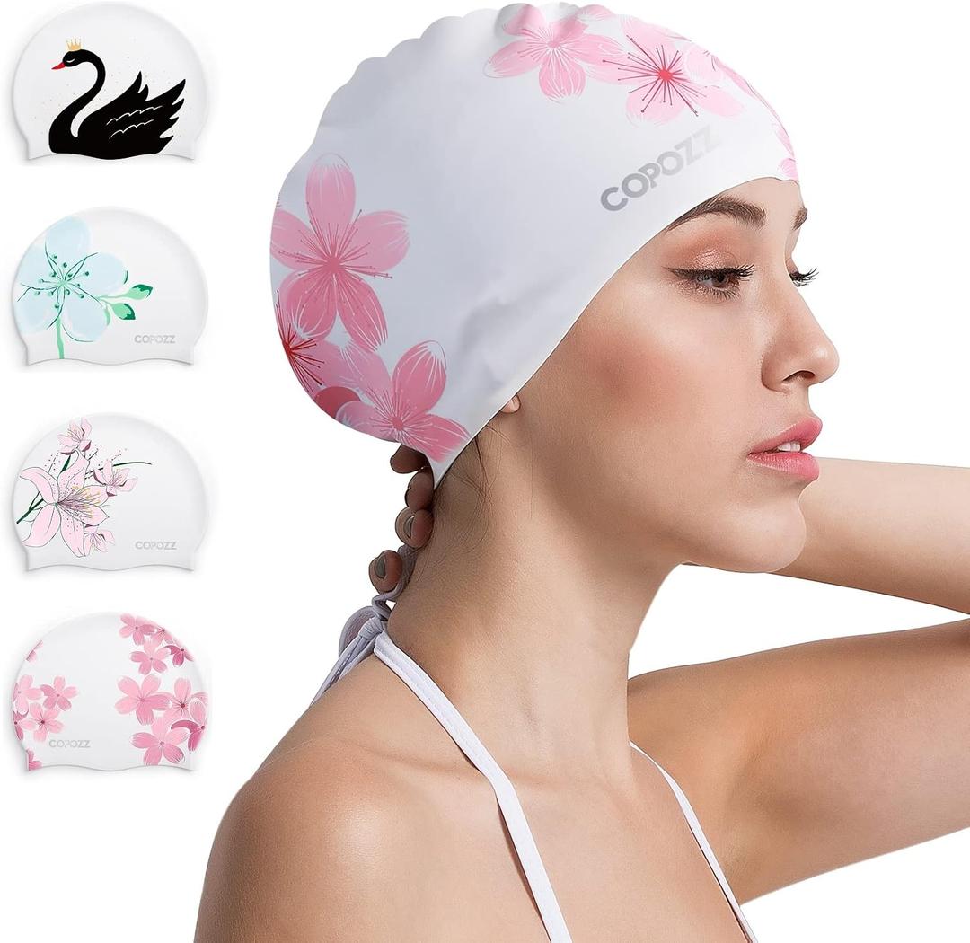 COPOZZ Stylish Silicone Swim Cap for Women  Comfortable, Durable, and Hair-Protecting Design (Cherry Blossom)